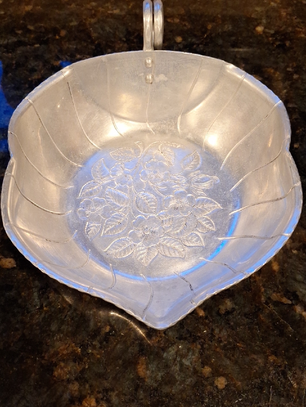 Vintage, World Hand Forged Aluminum Bowl with Floral Etching